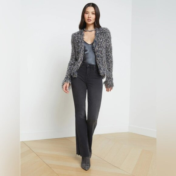 L’Agence Azure Blazer Grey Multi XS Fuzzy Fringe Open Cardigan Buttons Luxury - Picture 15 of 16